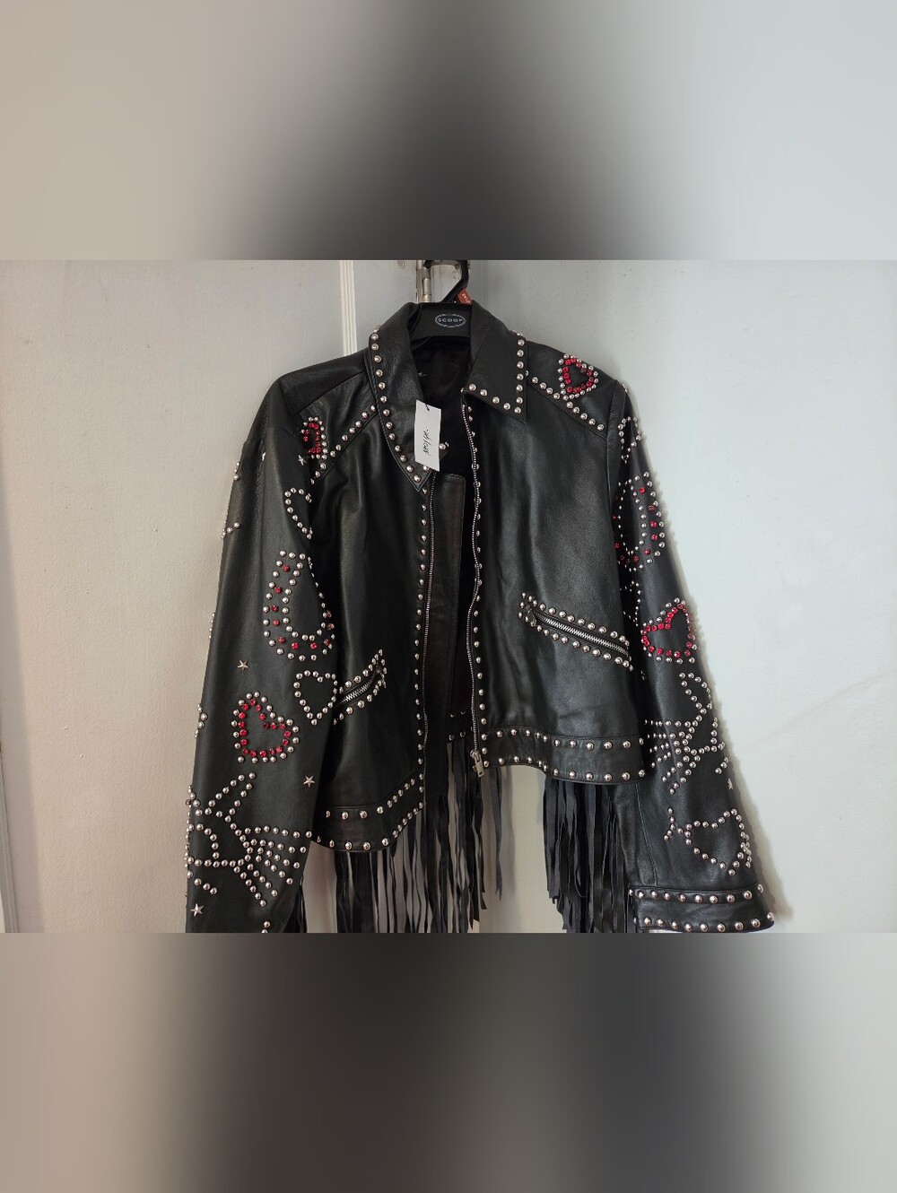 Nasty Gal Black Leather Fringe Jacket with Red Heart Studs - Picture 2 of 9